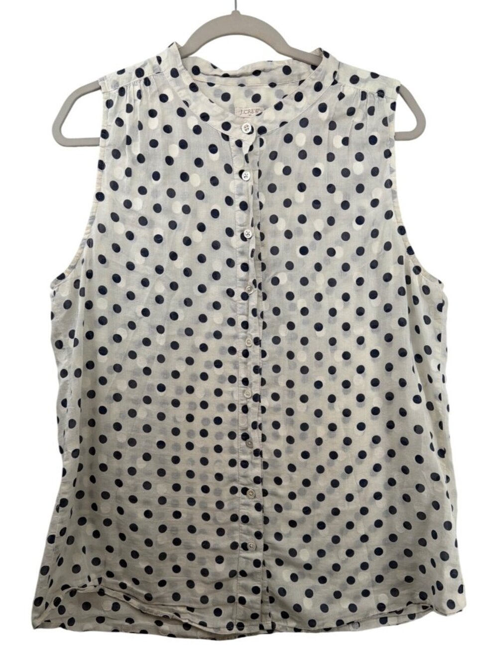 J.Crew Women Top Sz 14 White/Navy PolkaDot Slvless Button Classic Preppy Lightwt